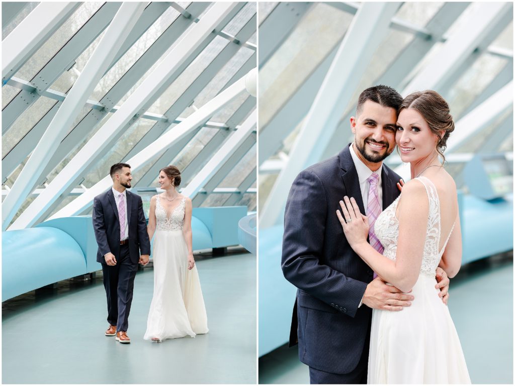 walking at westin crown center for kansas city wedding photos 