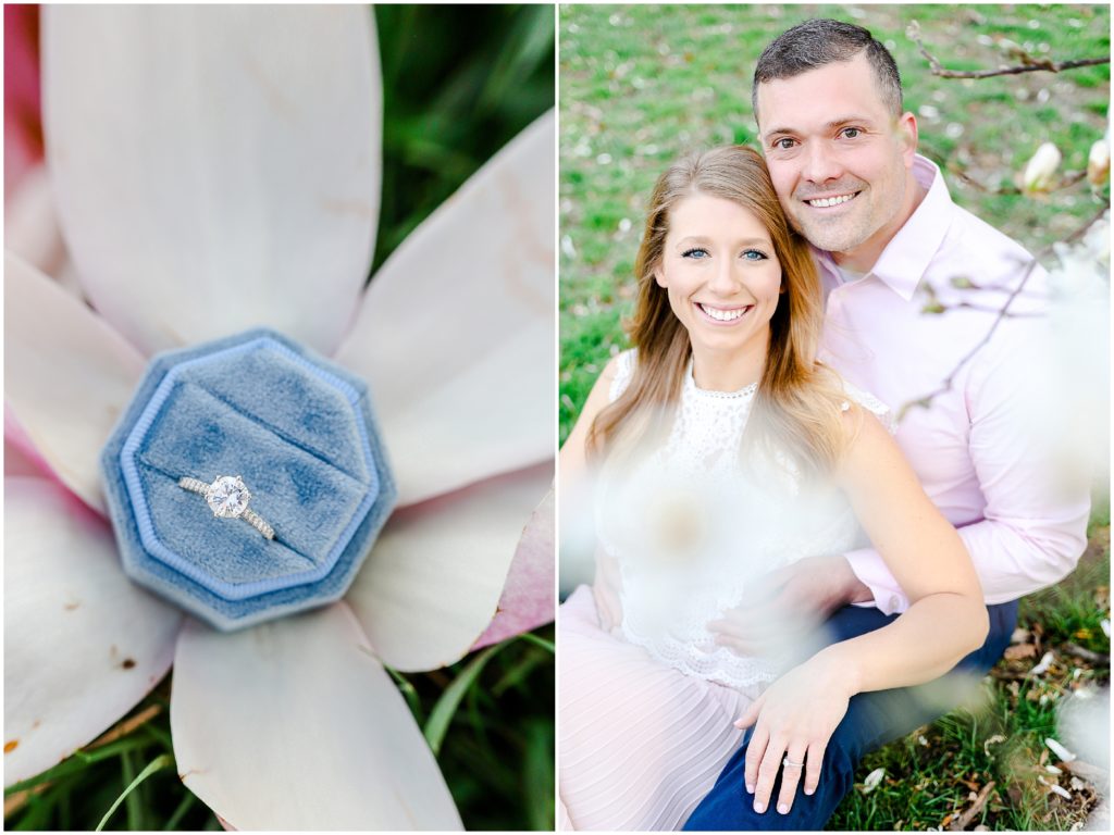 cute engaged couple photos - beautiful diamond engagement ring photo - engagement photographers in kansas city and overland park