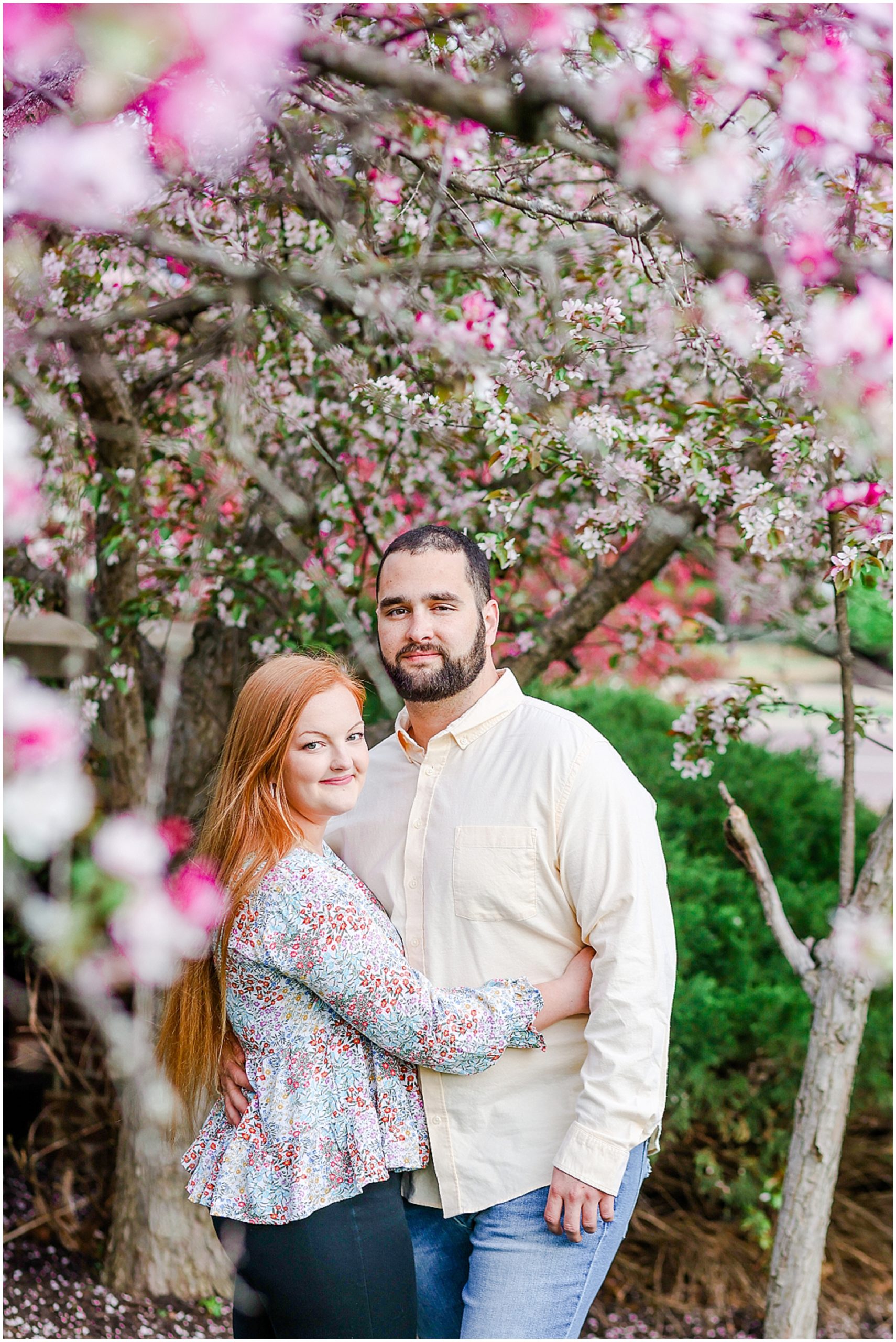 spring tree engagement photos in kansas city