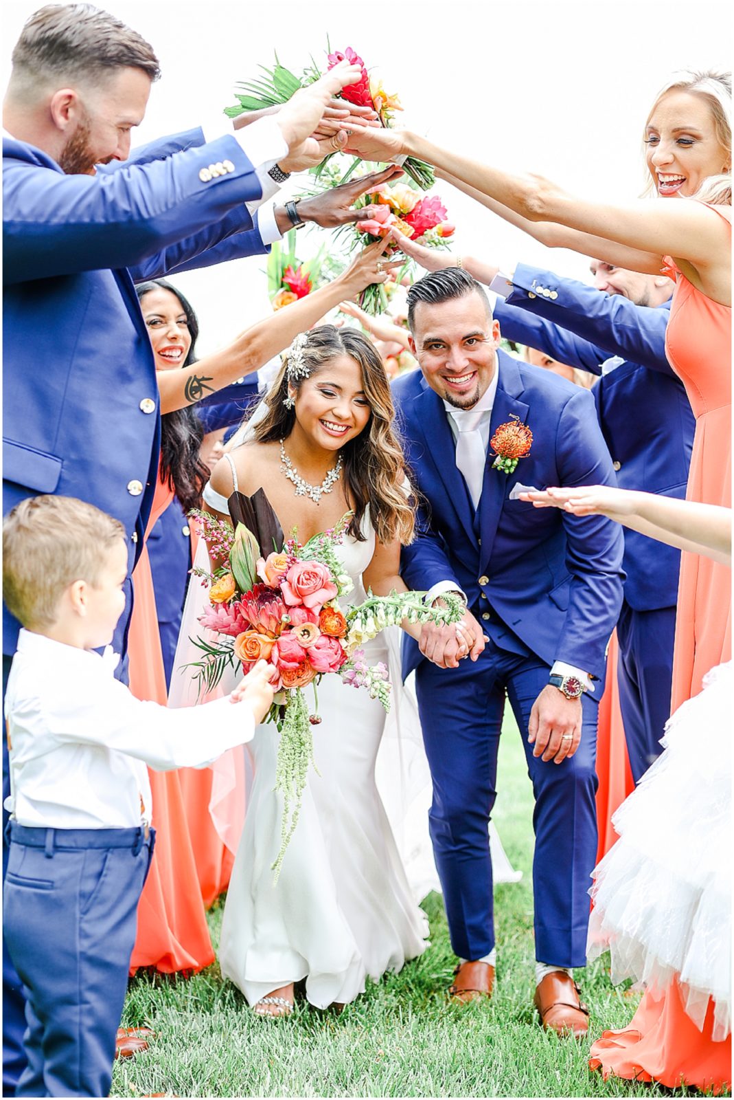 fun  bridal party photos - Hawaiian wedding theme tropical summer wedding