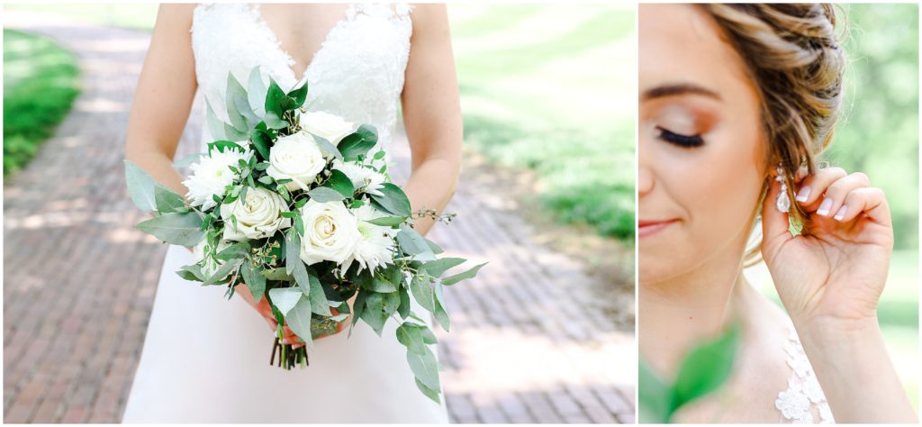 white wedding bouquet and wedding makeup by posh kc
