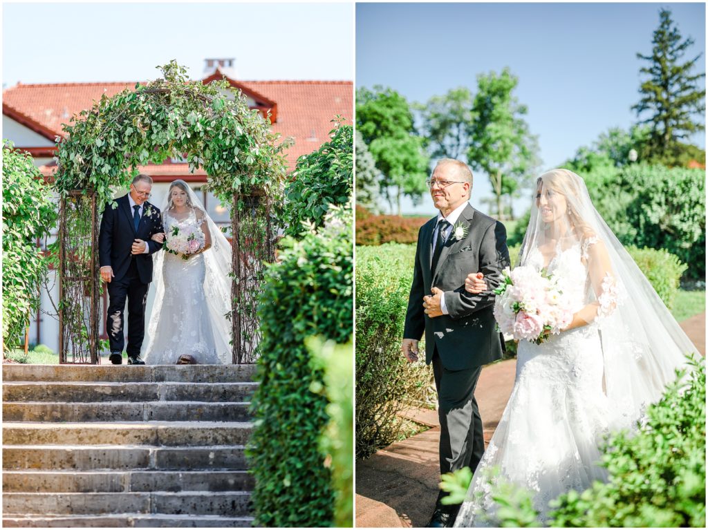the historic longview mansion wedding - outdoor ceremony  - dad and bride walking down aisle