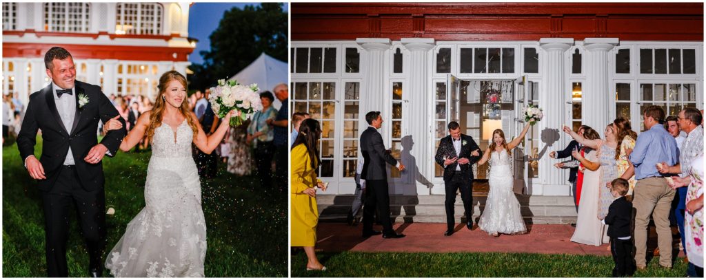the historic longview mansion wedding - wedding ceremony in an outdoor tent  - wedding exit with sprinkles