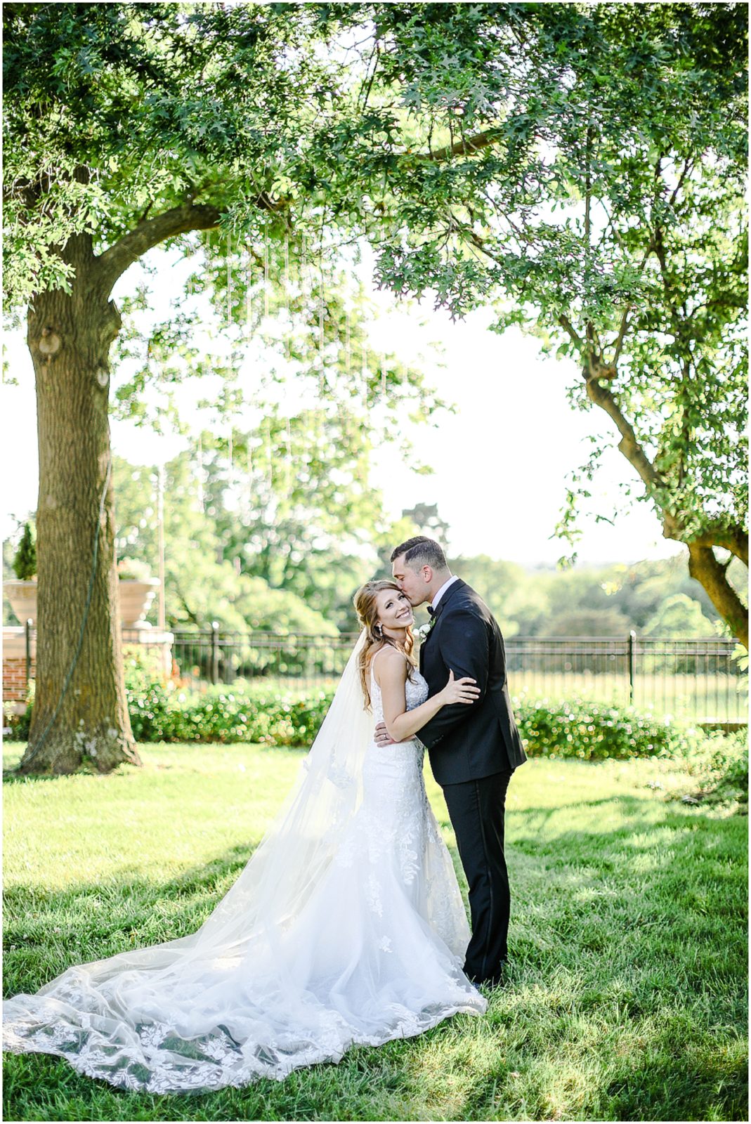 bride and groom under a tree