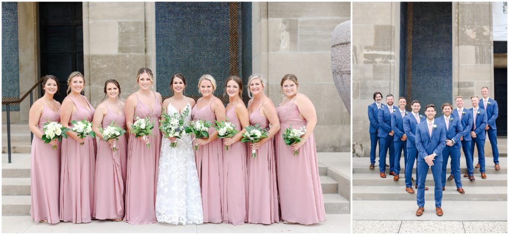 navy and pink bridal party wedding photos at the Kansas City Liberty Memorial - Wedding at Oliver Building