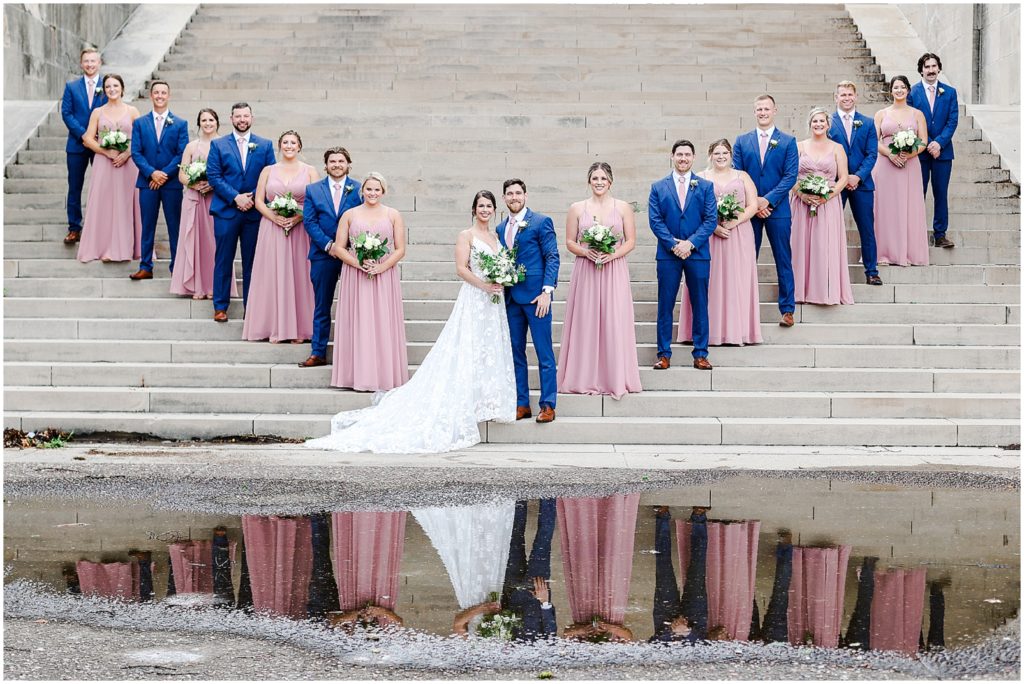 navy and pink bridal party wedding photos at the Kansas City Liberty Memorial - Wedding at Oliver Building