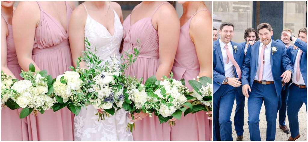 navy and pink bridal party wedding photos at the Kansas City Liberty Memorial - Wedding at Oliver Building