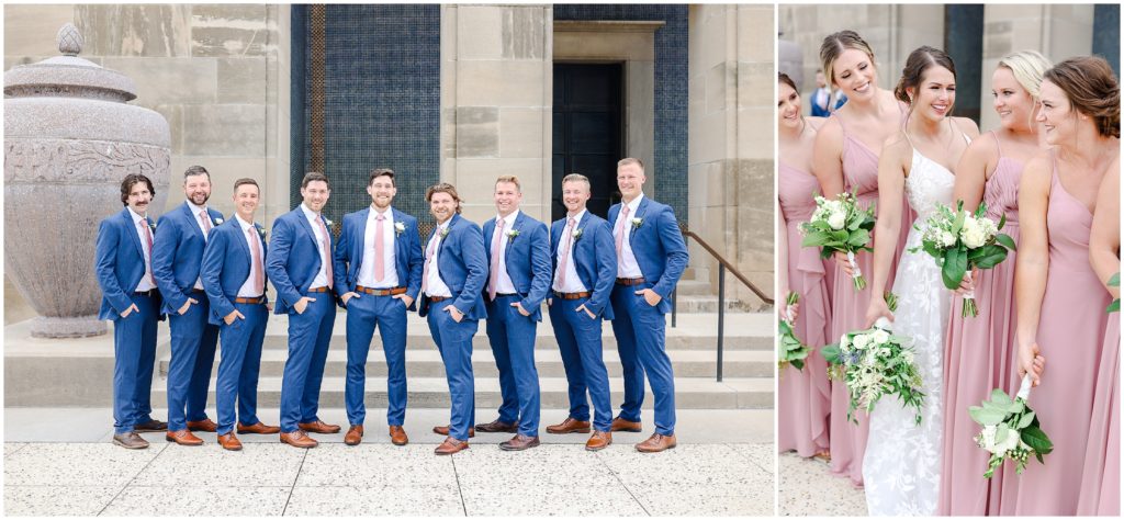 navy and pink bridal party wedding photos at the Kansas City Liberty Memorial - Wedding at Oliver Building