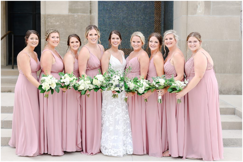 navy and pink bridal party wedding photos at the Kansas City Liberty Memorial - Wedding at Oliver Building