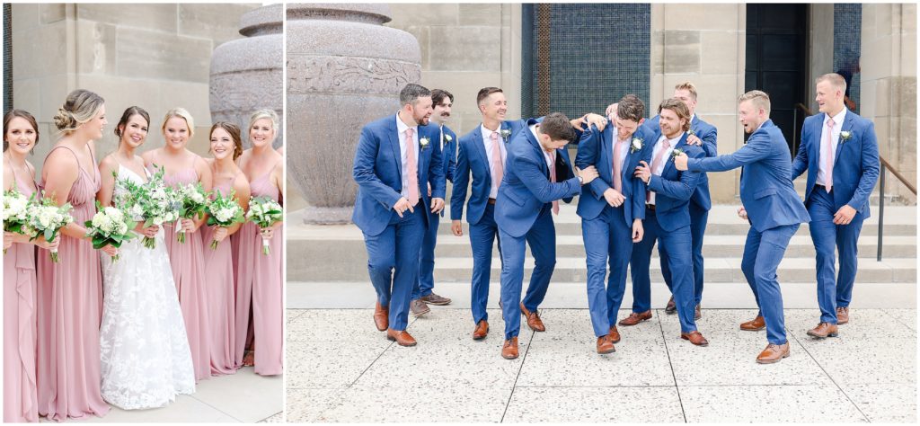 navy and pink bridal party wedding photos at the Kansas City Liberty Memorial - Wedding at Oliver Building