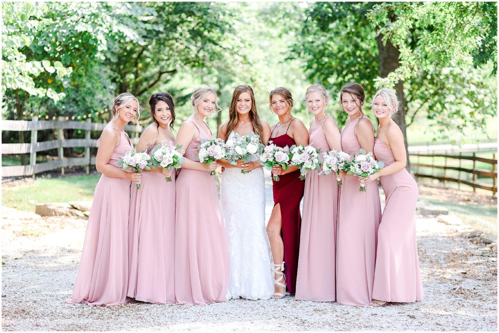 pink bridal party - what to wear for summer wedding - barn at riverbend - bridal party portraits with sarah & taylor - Kansas City wedding photographer