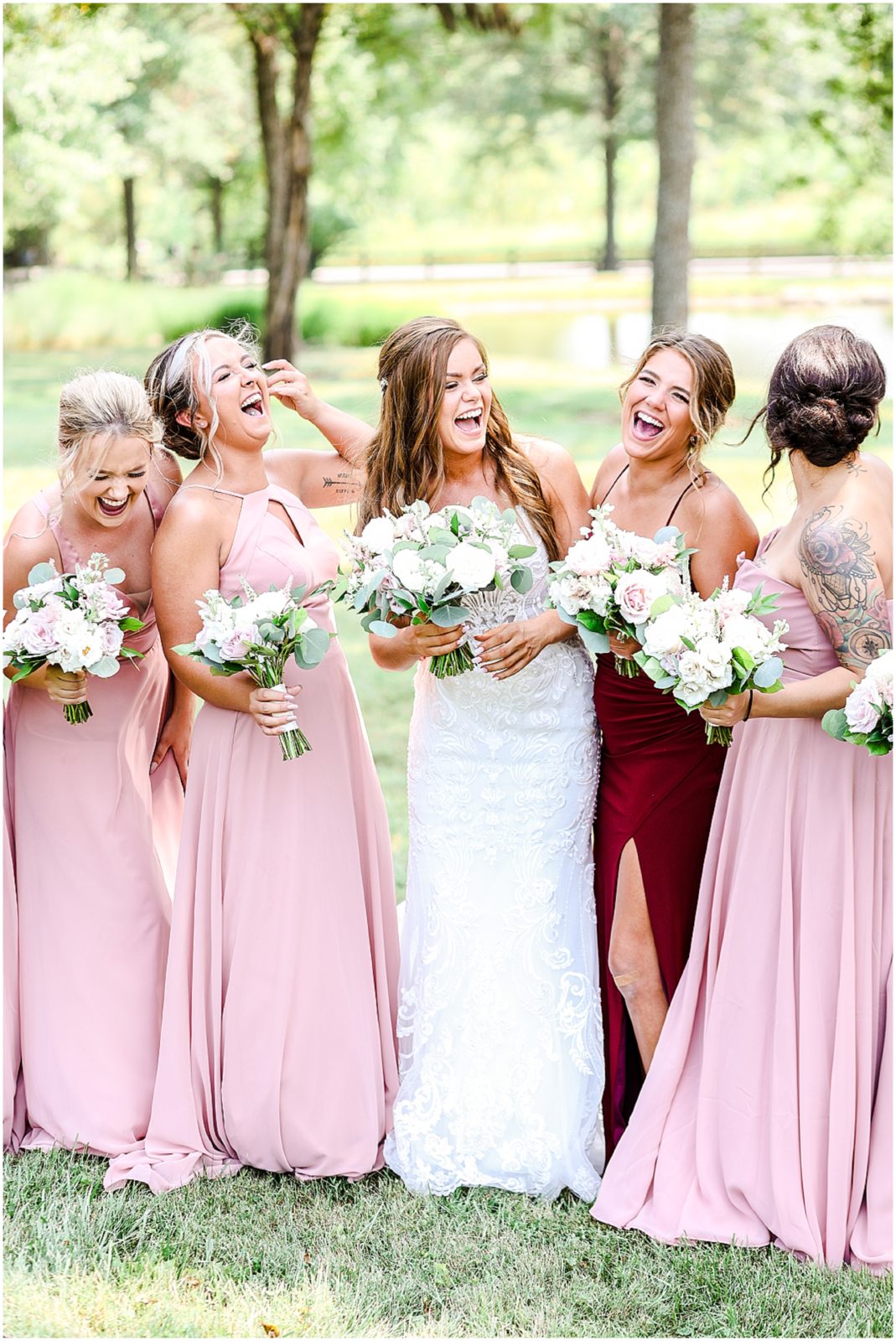 pink bridal party - what to wear for summer wedding - barn at riverbend - bridal party portraits with sarah & taylor - Kansas City wedding photographer