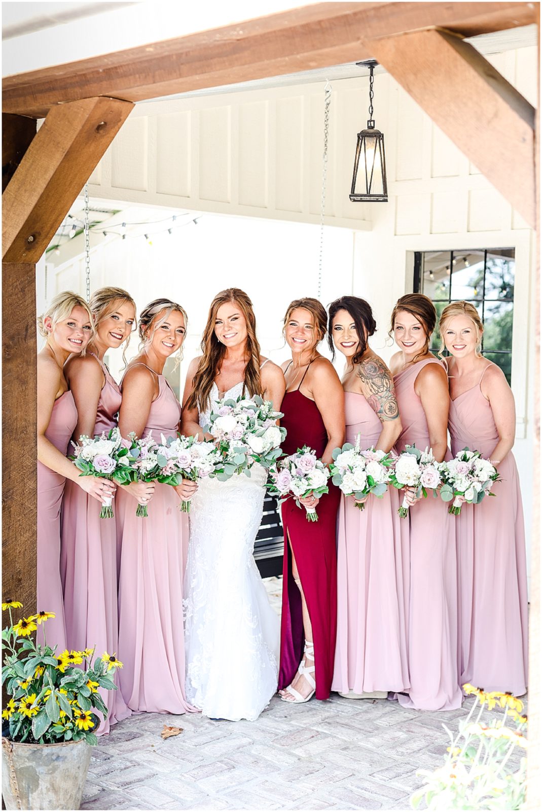 pink bridal party - what to wear for summer wedding - barn at riverbend - bridal party portraits with sarah & taylor - Kansas City wedding photographer