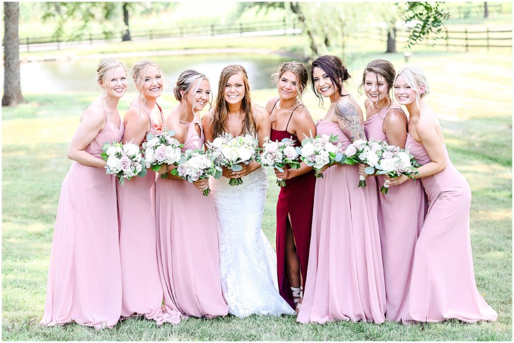 pink bridal party - what to wear for summer wedding - barn at riverbend - bridal party portraits with sarah & taylor - Kansas City wedding photographer