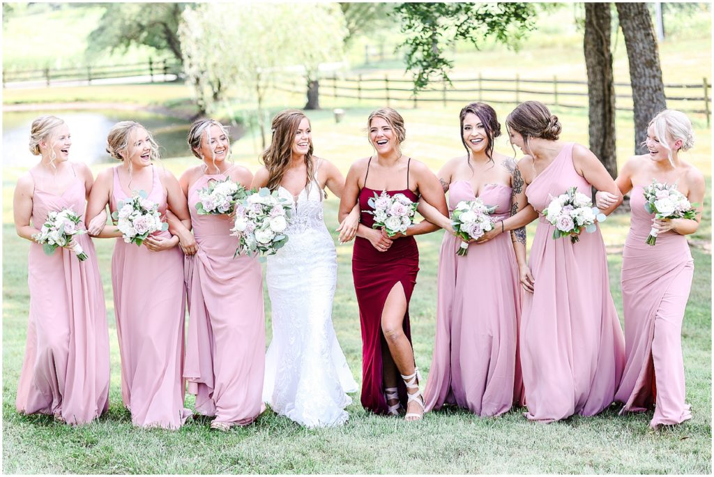 pink bridal party - what to wear for summer wedding - barn at riverbend - bridal party portraits with sarah & taylor - Kansas City wedding photographer