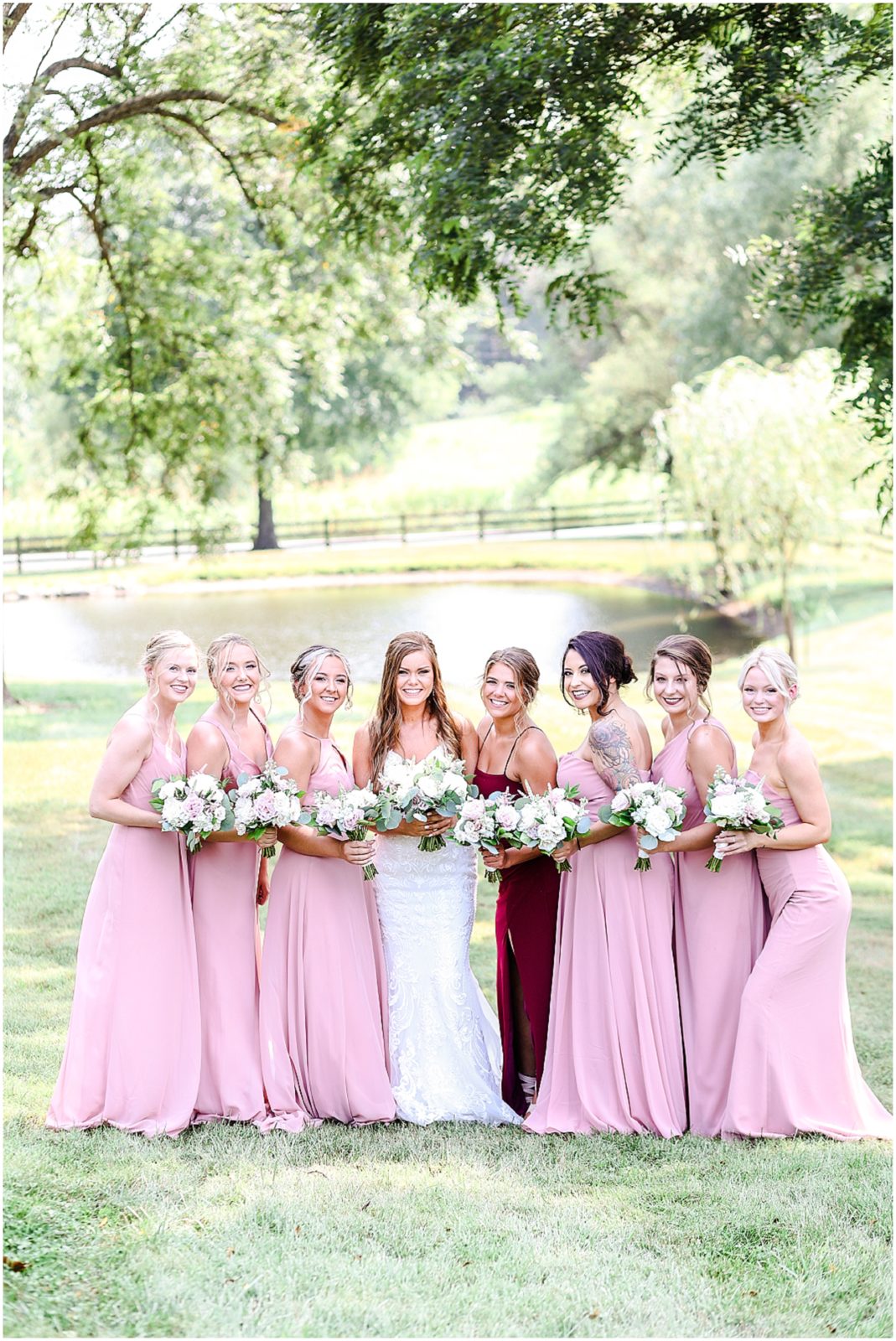 pink bridal party - what to wear for summer wedding - barn at riverbend - bridal party portraits with sarah & taylor - Kansas City wedding photographer