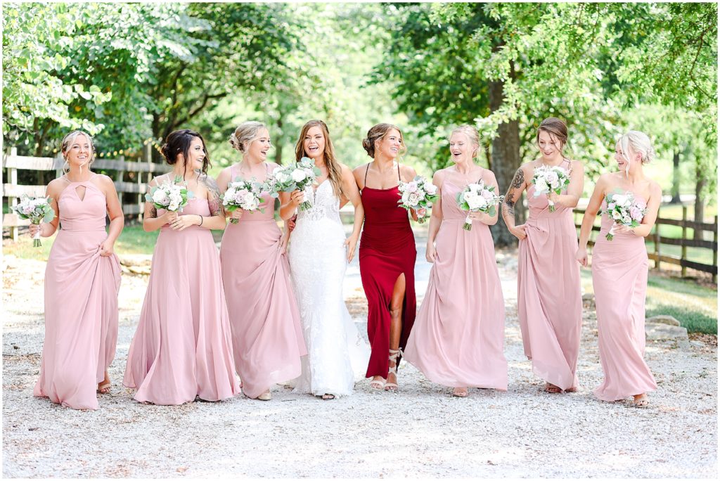 pink bridal party - what to wear for summer wedding - barn at riverbend - bridal party portraits with sarah & taylor - Kansas City wedding photographer