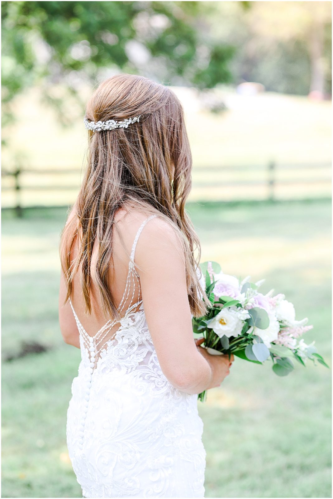 Bride & Groom Wedding Photos - Wedding Portraits at the Barn at Riverbend with Sarah & Taylor Lang - Summer Wedding Kansas City - the back of the bride