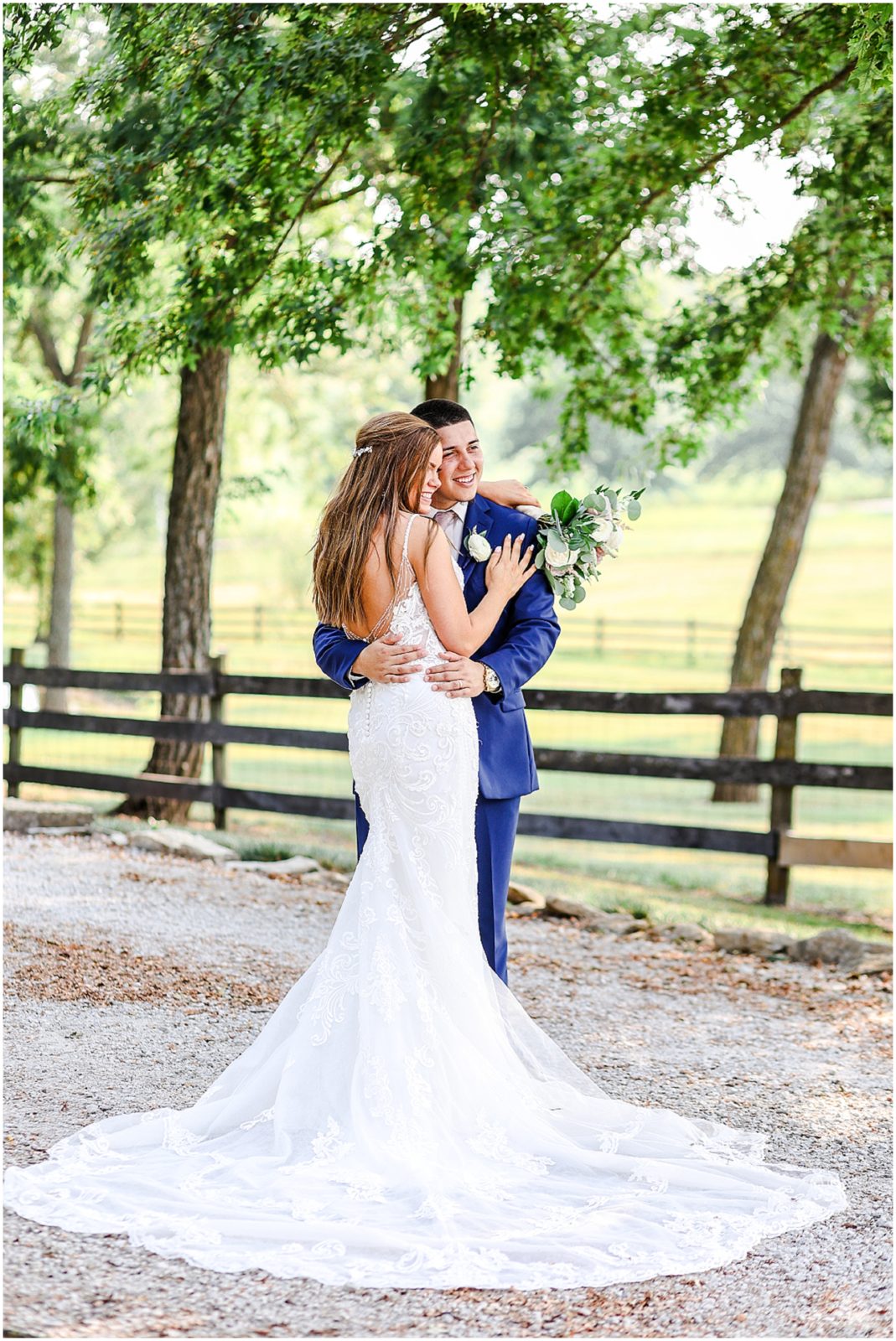 Bride & Groom Wedding Photos - Wedding Portraits at the Barn at Riverbend with Sarah & Taylor Lang - Summer Wedding Kansas City - lace long dress - wedding dress shop kansas city true society belle vogue