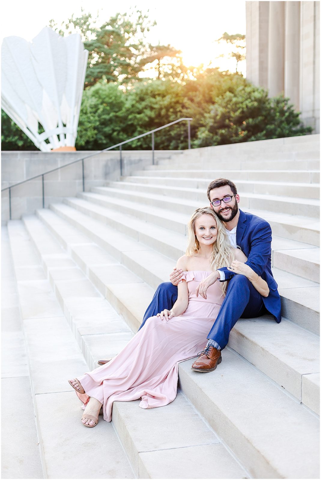 cute couple at sunset sitting on steps - Kansas City Engagement Photos at the Nelson Atkins Museum  - Where to take Photos in Kansas City - Mariam Saifan Photography - Bethany & Josh - The Longview Mansion Wedding 