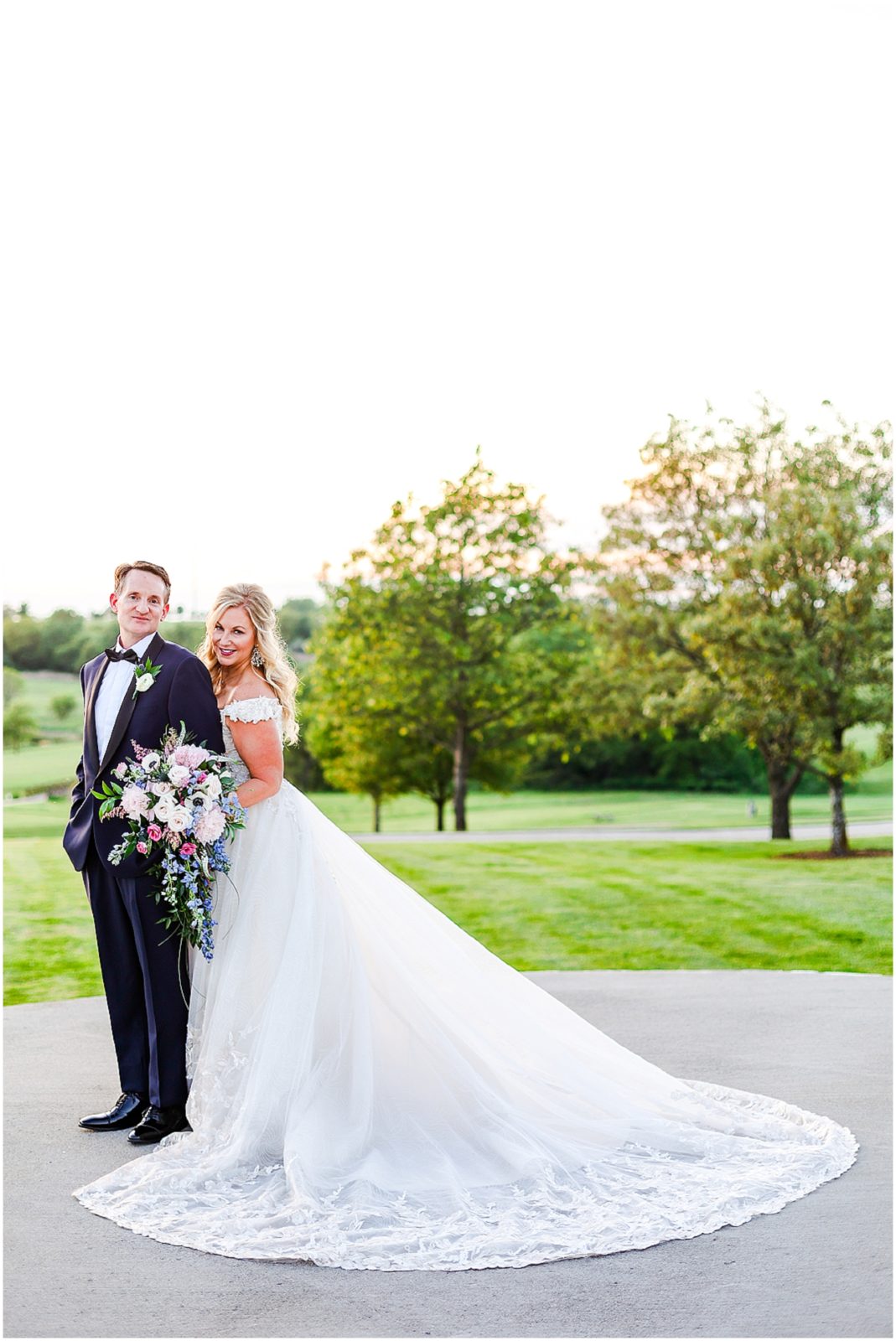 sunset photos with the bride and groom at a golf club
