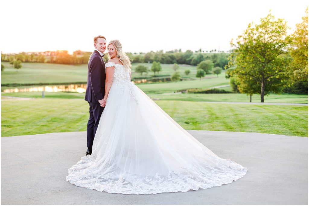 sunset photos with the bride and groom at a golf club