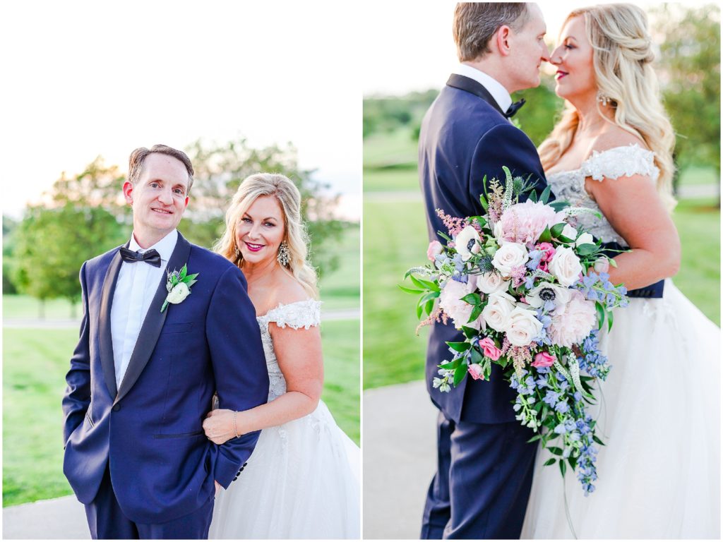 sunset photos with the bride and groom at a golf club