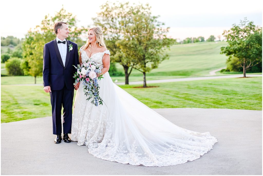 sunset photos with the bride and groom at a golf club