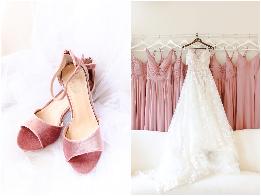 Wedding Dress & Shoes & Wedding Ring | Wedding Details | Hello Lovely KC | Bride Getting Ready Photos in Kansas City | Pink Bridal Party Dresses | Altar Bridal Wedding Dress