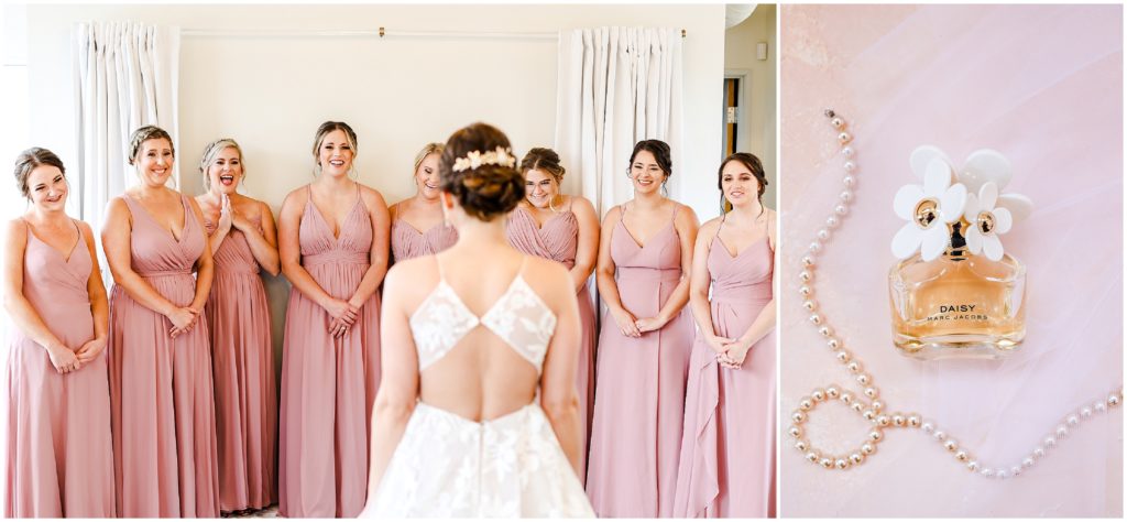 bride first look with bridesmaids | Wedding Dress & Shoes & Wedding Ring | Wedding Details | Hello Lovely KC | Bride Getting Ready Photos in Kansas City | Pink Bridal Party Dresses | Altar Bridal Wedding Dress