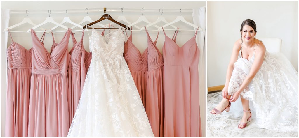 bride getting ready - Wedding Dress & Shoes & Wedding Ring | Wedding Details | Hello Lovely KC | Bride Getting Ready Photos in Kansas City | Pink Bridal Party Dresses | Altar Bridal Wedding Dress