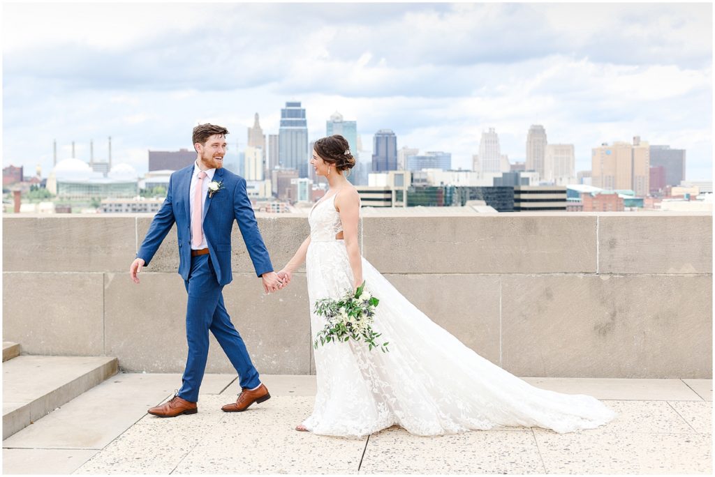 bride and groom walking - Kansas City and Missouri Wedding Photographer - KC Liberty Memorial Wedding Photos - Bride & Groom Portraits - Wedding Photos 