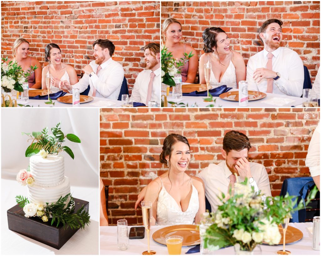 reception at oliver building laughing bride and groom 