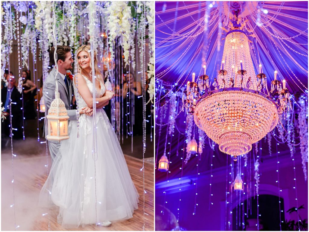 wedding reception with lights and chandelier - a secret garden 