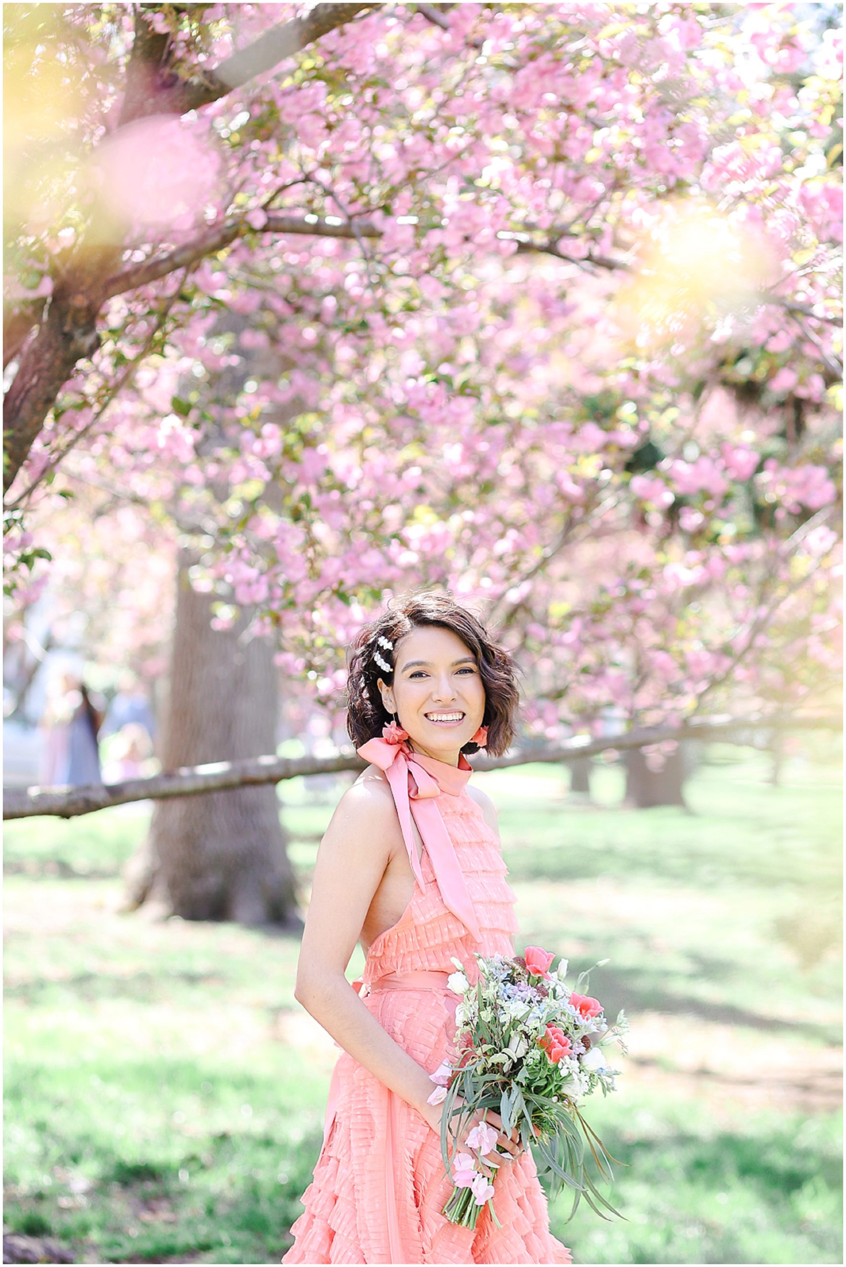 spring trees at loose park - cherry blossoms - pink wedding dress 