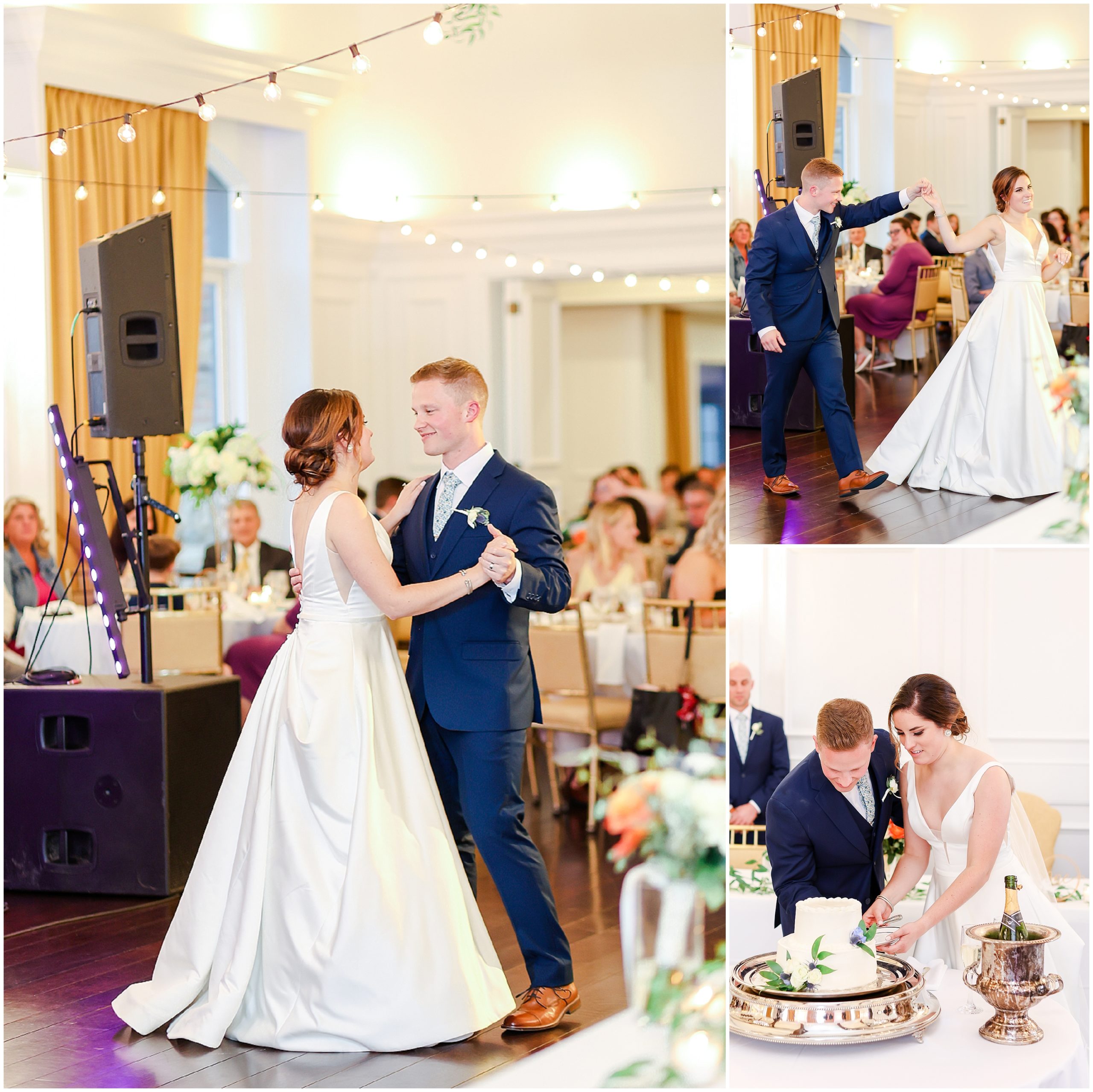 first dances and cake cutting at wedding reception 