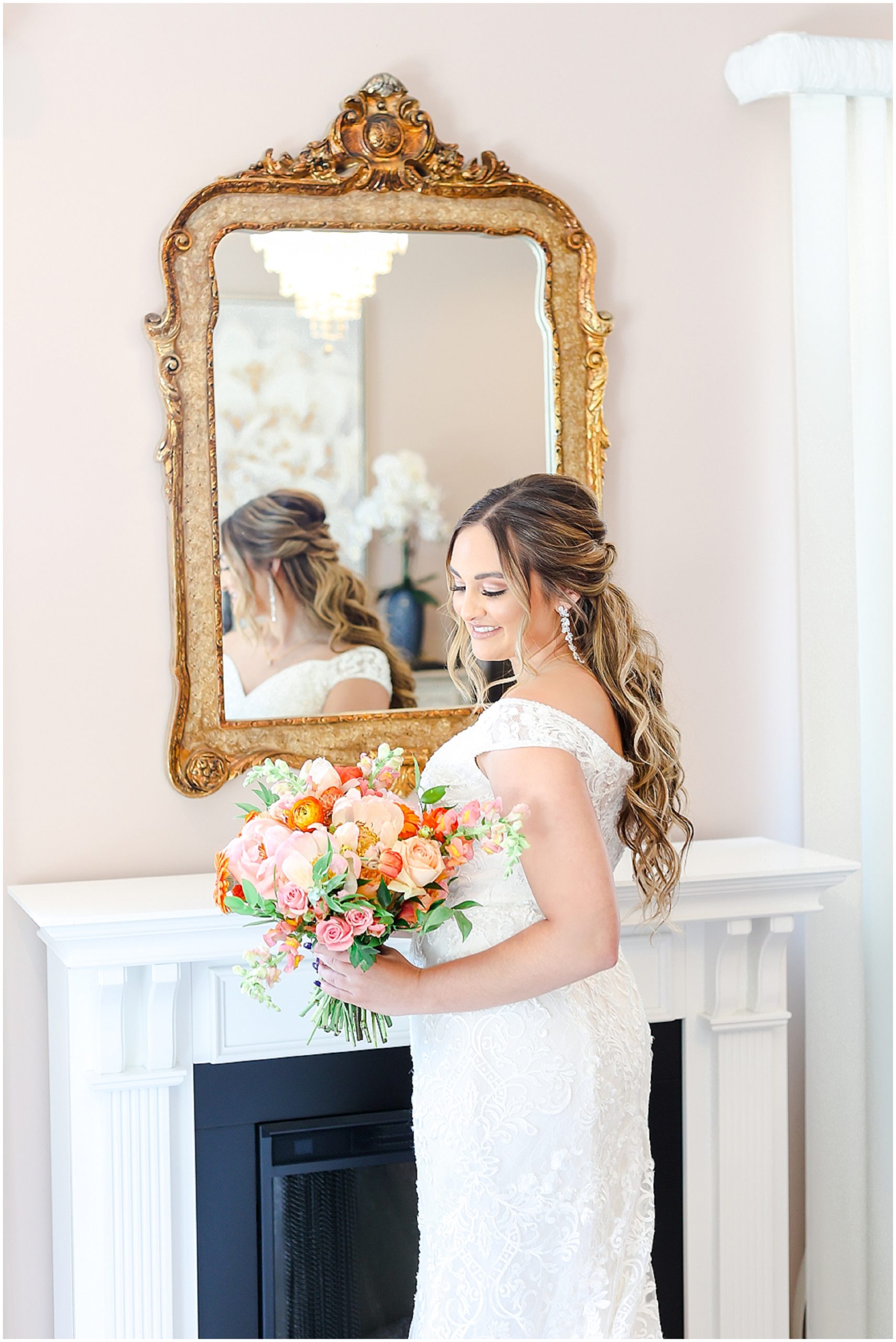 A Summer Wedding at the Topeka Brownstone Kansas - Wedding Photography in Kansas City - Engagement Photos - Colorful Wedding - bride looking at mirror and getting ready 