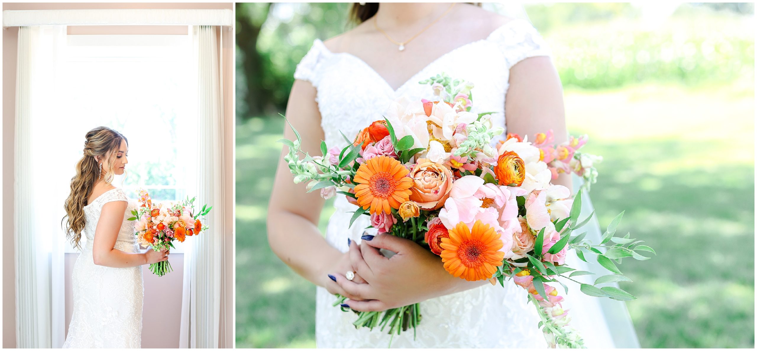 bride looking out the window for her wedding photos and holding bouquet 