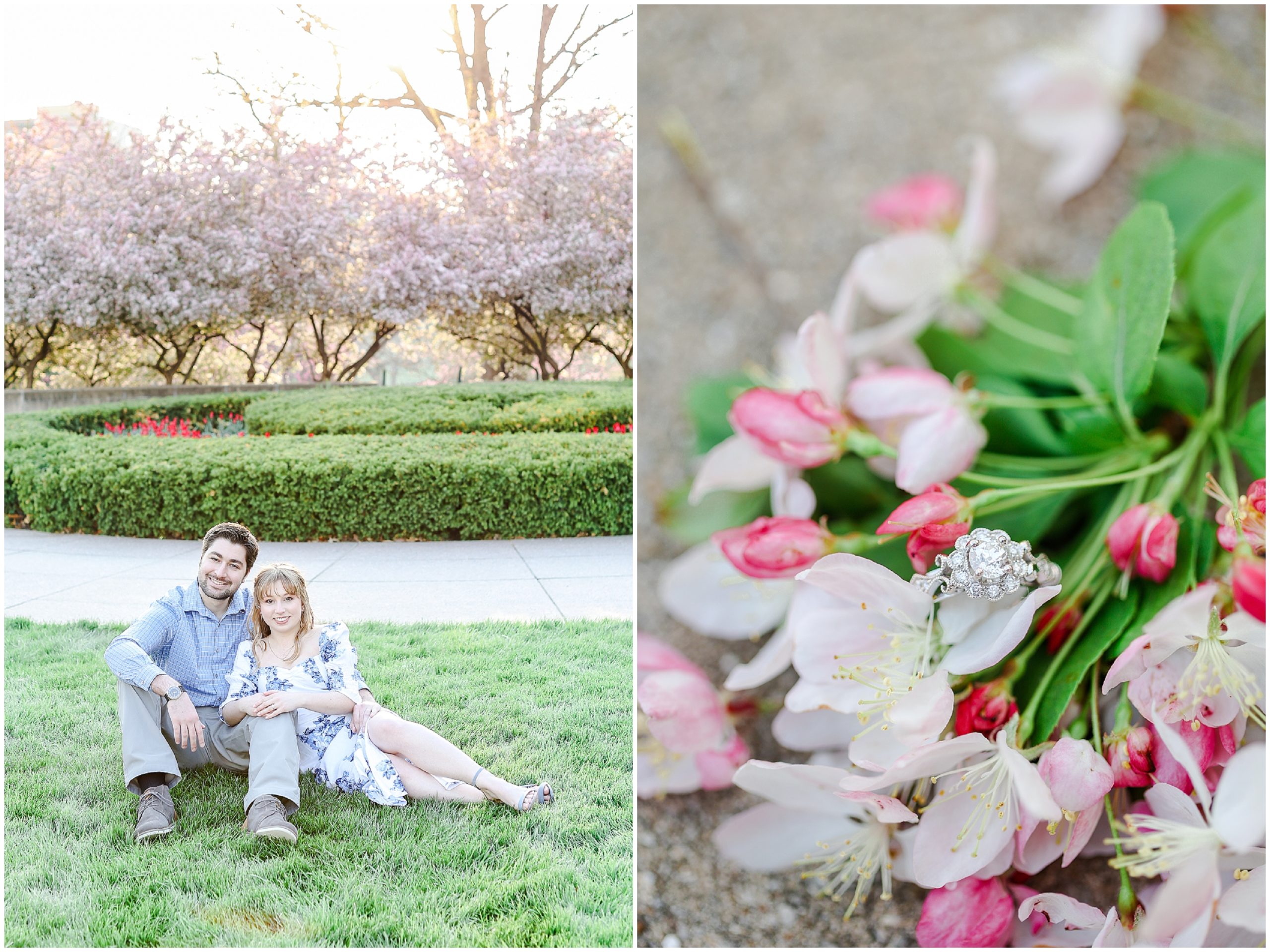 Look at what they wore for their engagement photos! Spring Engagement Photos with Ali & Connor at the Nelson Atkins Museum in Kansas City by best wedding photographer Mariam Saifan Photography - Engagement and Wedding Style Guide - What to Wear and Where to Take Your Photos in Kansas City 