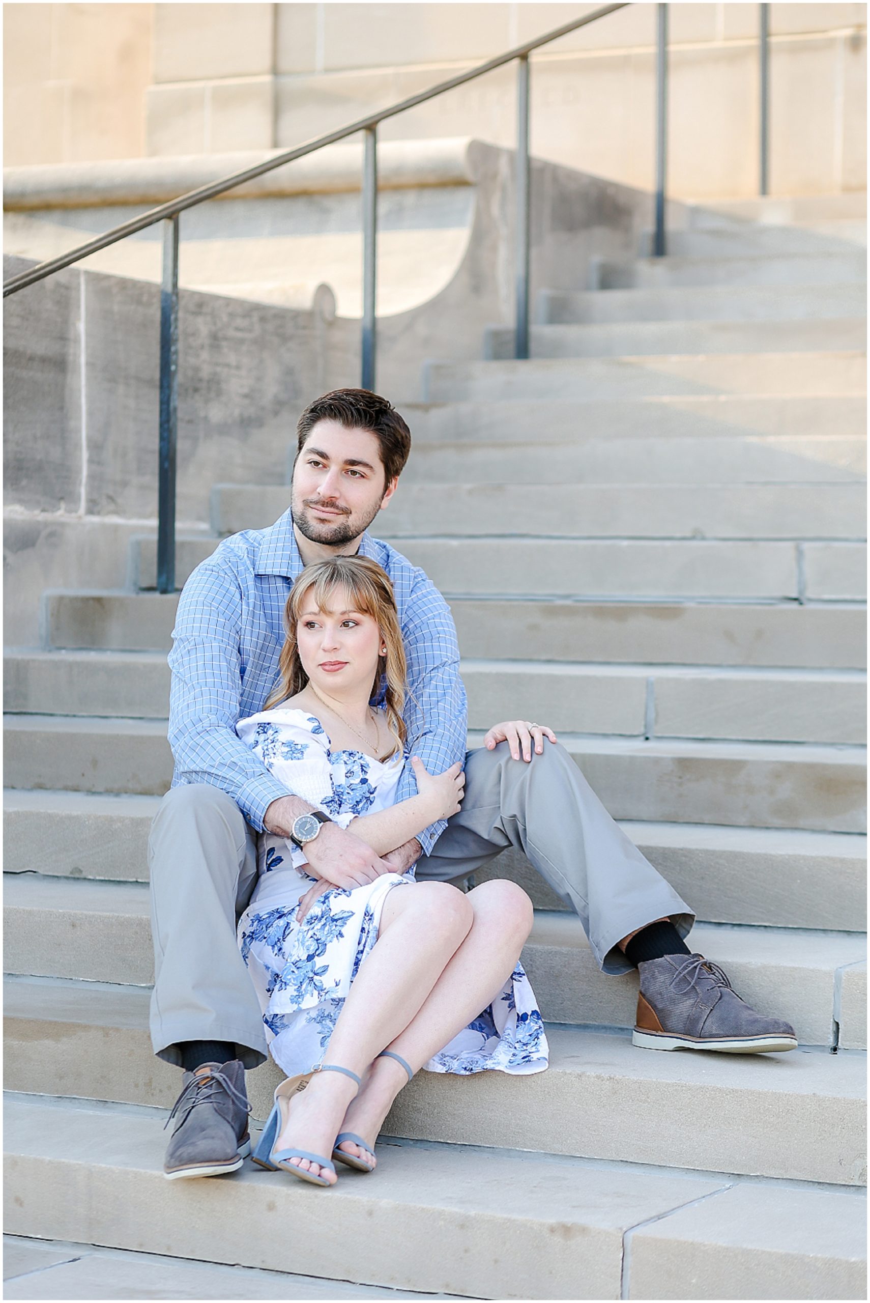 Look at what they wore for their engagement photos! Spring Engagement Photos with Ali & Connor at the Nelson Atkins Museum in Kansas City by best wedding photographer Mariam Saifan Photography - Engagement and Wedding Style Guide - What to Wear and Where to Take Your Photos in Kansas City 