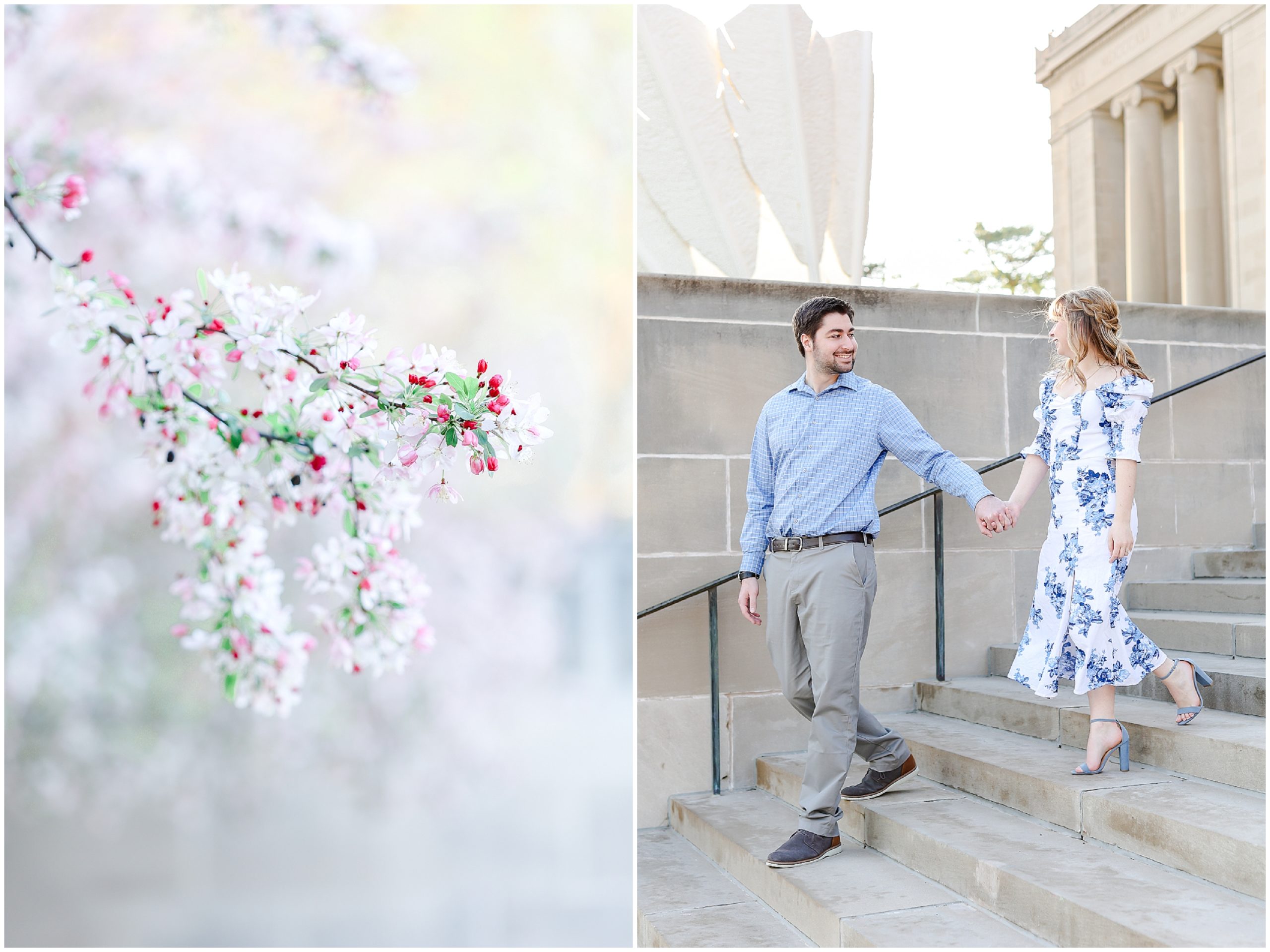 Look at what they wore for their engagement photos! Spring Engagement Photos with Ali & Connor at the Nelson Atkins Museum in Kansas City by best wedding photographer Mariam Saifan Photography - Engagement and Wedding Style Guide - What to Wear and Where to Take Your Photos in Kansas City - walking down the stairs 