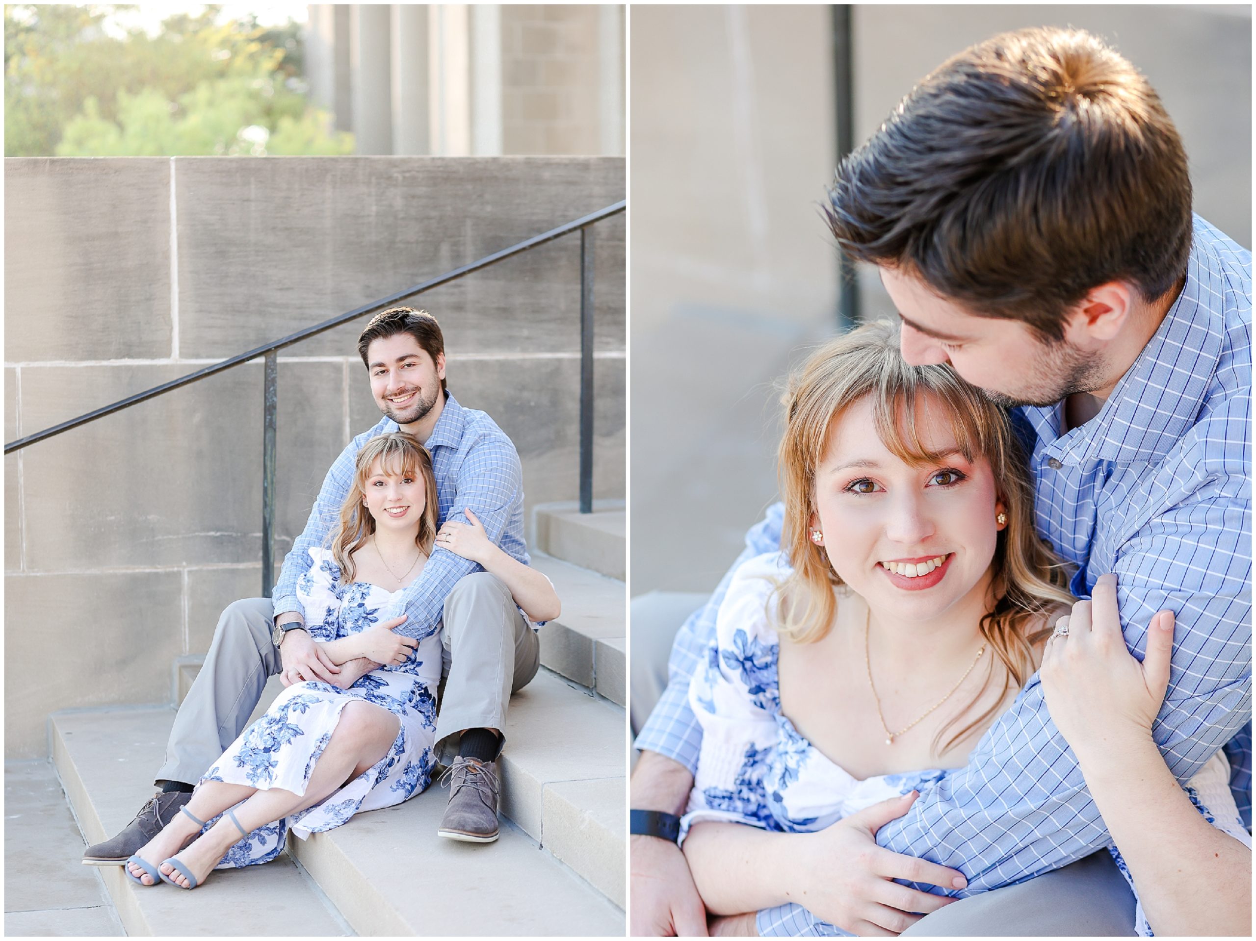 Look at what they wore for their engagement photos! Spring Engagement Photos with Ali & Connor at the Nelson Atkins Museum in Kansas City by best wedding photographer Mariam Saifan Photography - Engagement and Wedding Style Guide - What to Wear and Where to Take Your Photos in Kansas City 