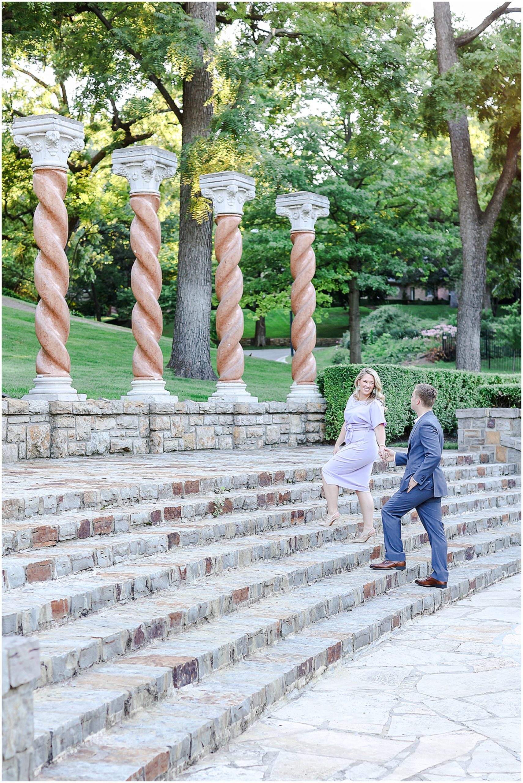 Caroline & Nick's Engagement Portraits in Kansas City - The KC Plaza - Luxury Wedding Photography  - walking up the stairs engagement idea 