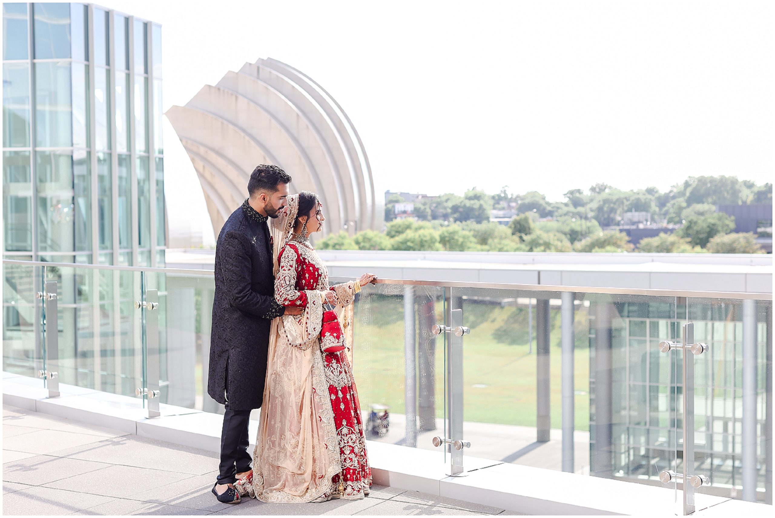 Mariam Saifan Photography - Best Photographer in Kansas City & Overland Park - Pakistani & Indian Wedding - Loews KC - Wedding & Portrait Photography - Bridal Makeup - Gorgeous Bride - Beautiful couple looking at kansas city 