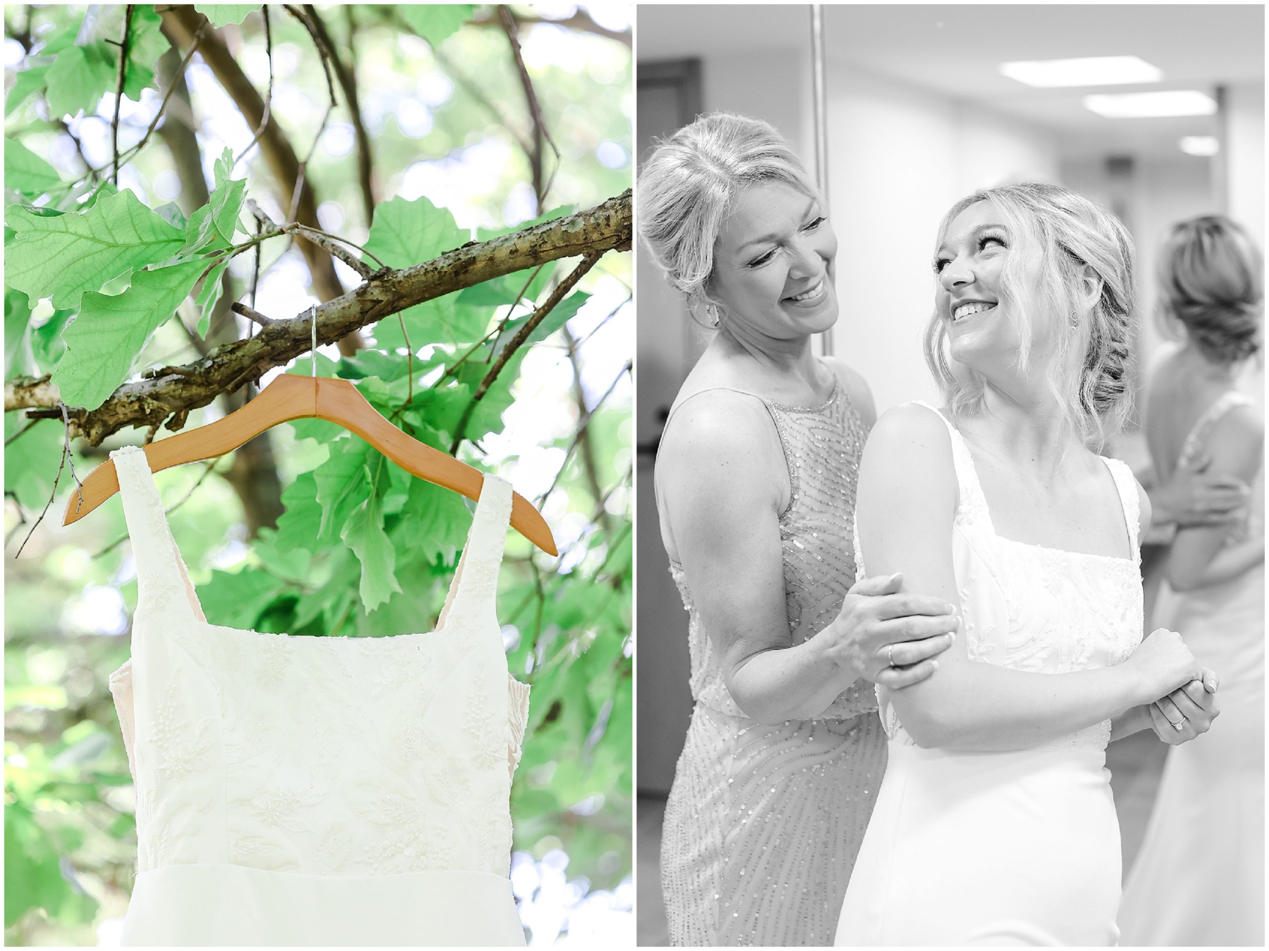 mom helping daughter put on wedding dress