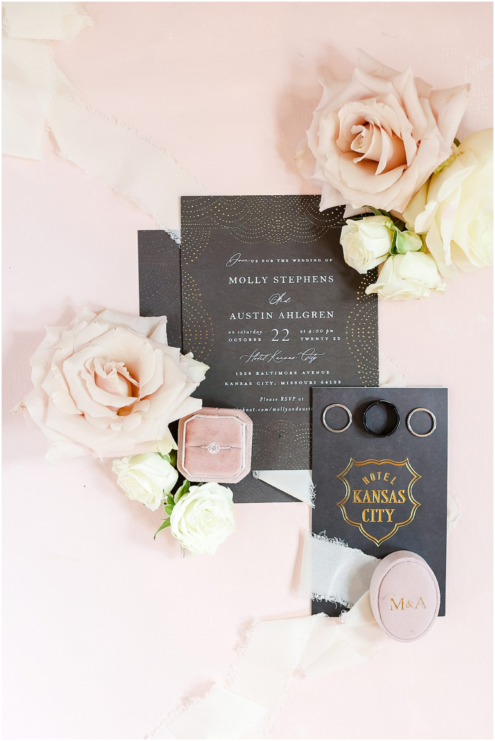 Wedding Suite - Flat Lay - Wedding Invitation | Hotel Kansas City | Wedding Venue in Kansas City | Kansas City Wedding Photographer Mariam Saifan Photography | Molly & Austin's Wedding | Pink Wedding Flowers | Hotel Kansas City | Luxury STL & Kansas City Wedding Photography