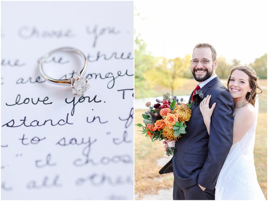 Lux Fall Floral Wedding Photography at Eagles Landing at Lake Olathe | Wedding Photographer Mariam Saifan Photography | Fall Wedding Theme | Different Color Bridesmaids Dresses | Flat Lays | Pretty Details | Photography Education