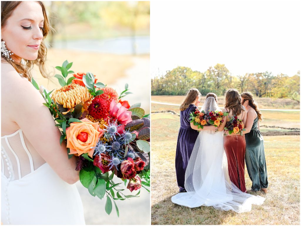 Lux Fall Floral Wedding Photography at Eagles Landing at Lake Olathe | Wedding Photographer Mariam Saifan Photography | Fall Wedding Theme | Different Color Bridesmaids Dresses | Flat Lays | Pretty Details | Photography Education | Wild Hill Flowers | Good Earth Floral | Kansas City Wedding Planners