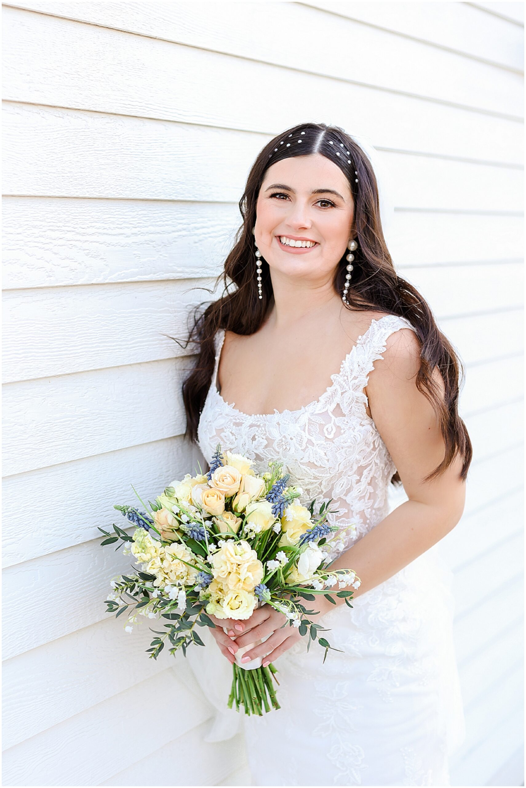 Happy Bride with Pearls in Her Hair | Lace Wedding Dress | Kansas City Engagement Photographer | Brownstone Topeka Wedding Photos