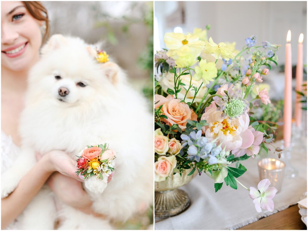 beautiful pink spring wedding flowers and cute puppy for wedding photos